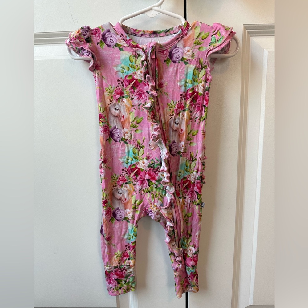 Little Bum Bums Horn to be Wild Unicorn Ruffle Romper Pink (Size 3-6 Months)